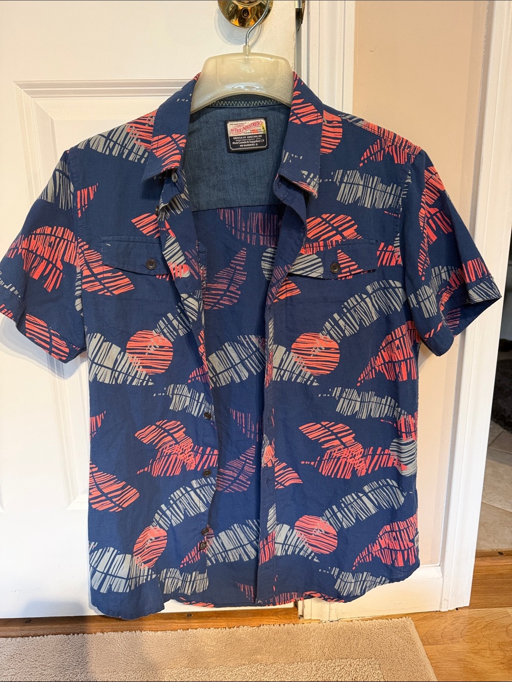 Petrol Hawaiian Casual Navy Short-Sleeve Button-Down Shirt with Pattern